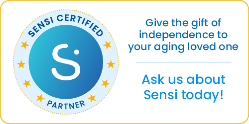 Sensi Certified Partner badge (blue gradient circle with S and gold stars) beside text about independence for aging loved ones and asking about Sensi today.