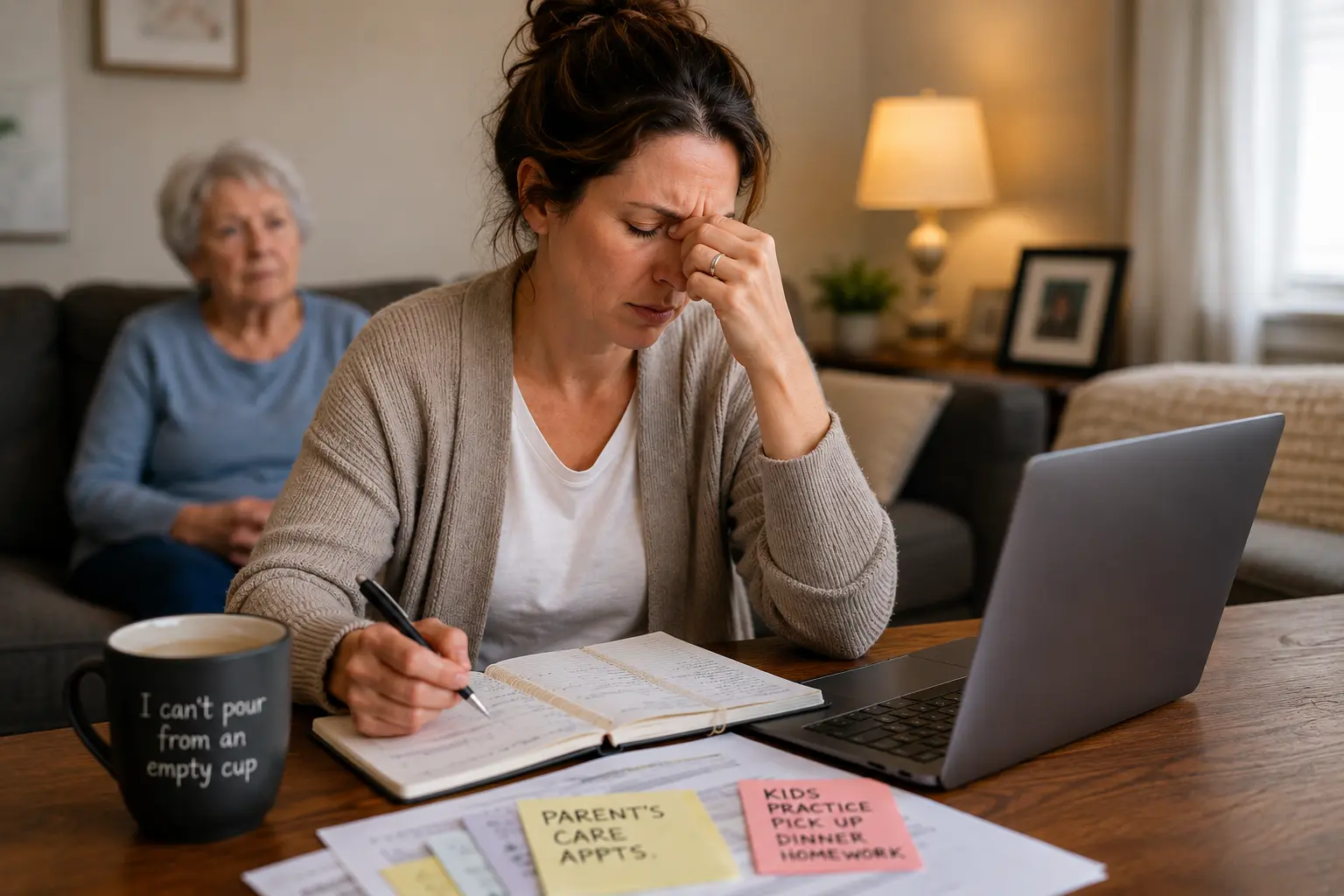 A stressed woman writes in a notebook at a table with a laptop; an older woman sits on a couch in the background.